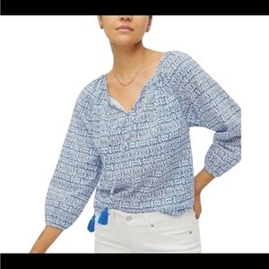J. Crew ReImagined Blue/White Vermicular Print Keyhole Tassel Blouse Size XL